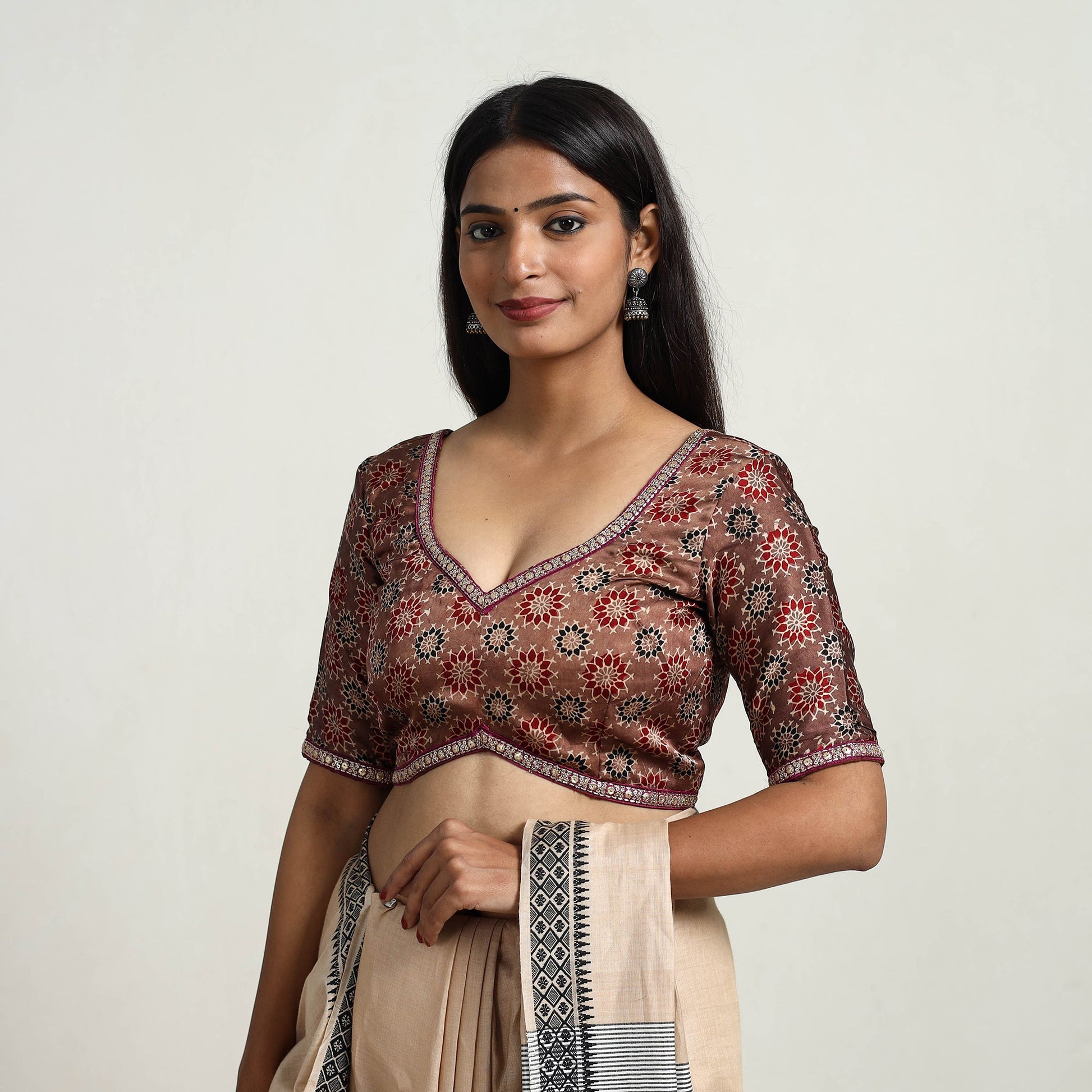 Brown - Modal Silk Block Print Stitched Ajrakh Blouse 05