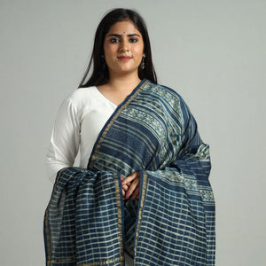 Blue - Akola Dabu Block Printed Handloom Chanderi Silk Dupatta with Zari Border 03