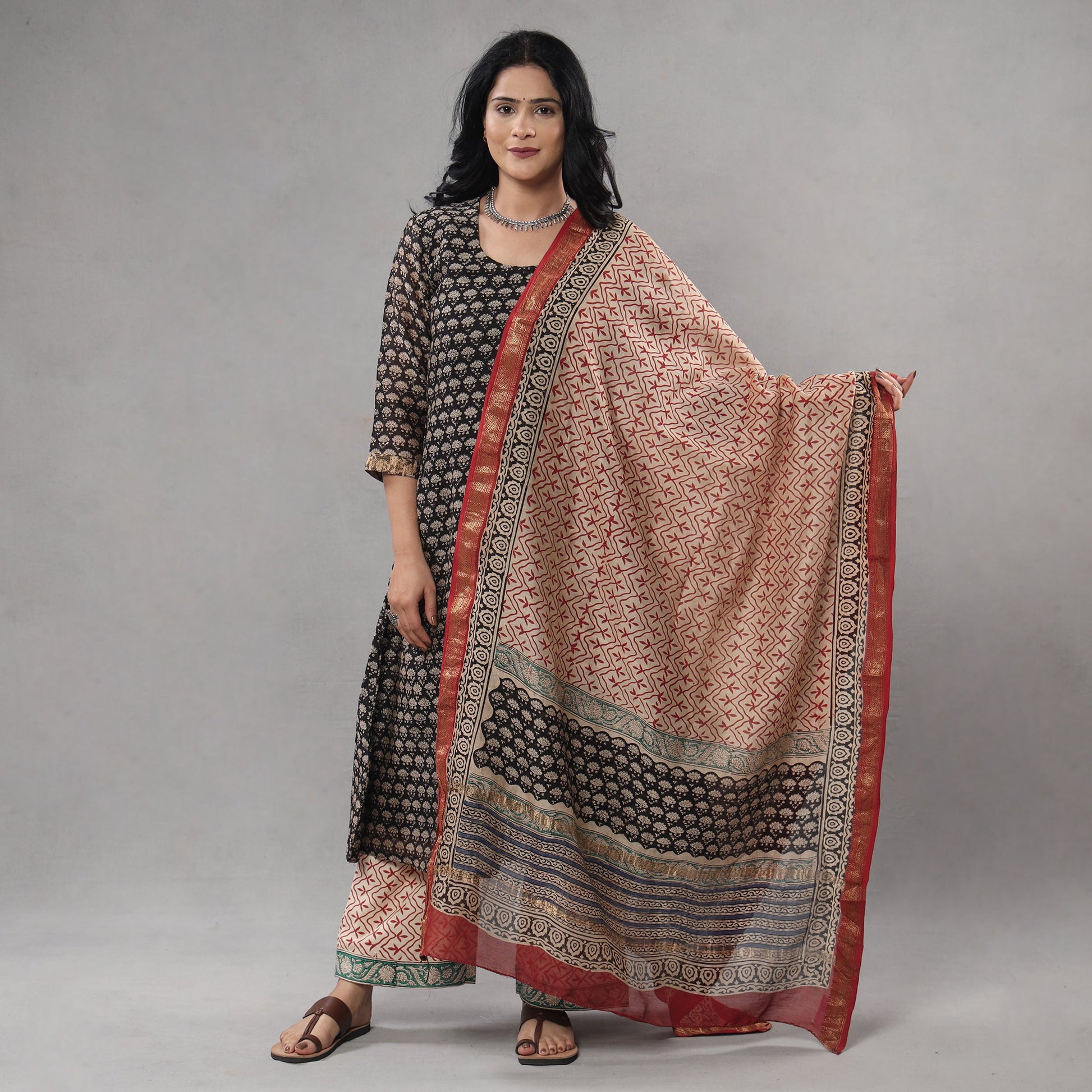 Black - Bagru Block Printing Maheshwari Silk Kurta with Palazzo & Dupatta Set