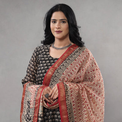 Black - Bagru Block Printing Maheshwari Silk Kurta with Palazzo & Dupatta Set