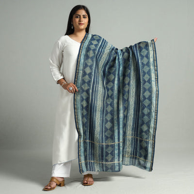 Blue - Akola Dabu Block Printed Handloom Chanderi Silk Dupatta with Zari Border 06