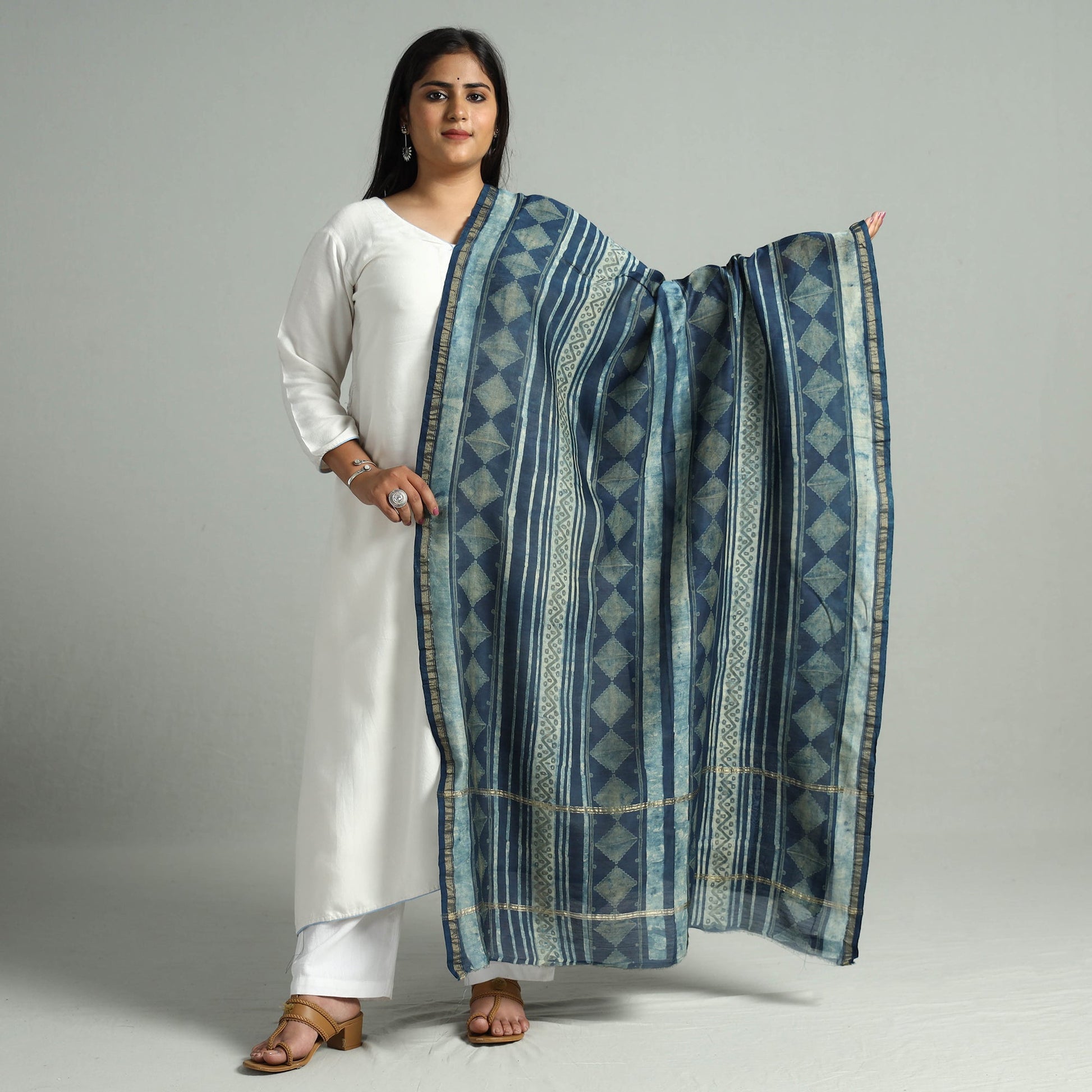 Blue - Akola Dabu Block Printed Handloom Chanderi Silk Dupatta with Zari Border 06