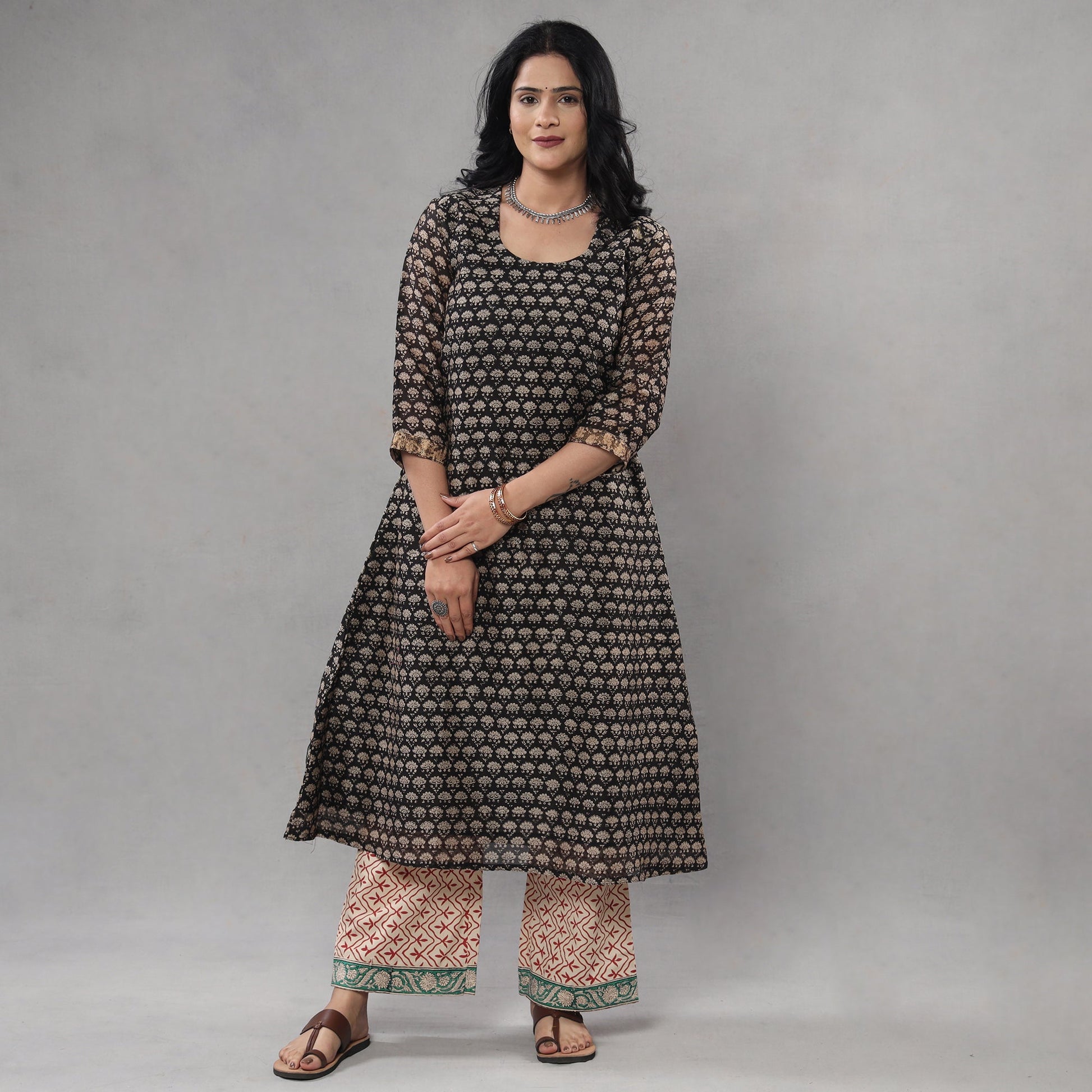 Black - Bagru Block Printing Maheshwari Silk Kurta with Palazzo & Dupatta Set