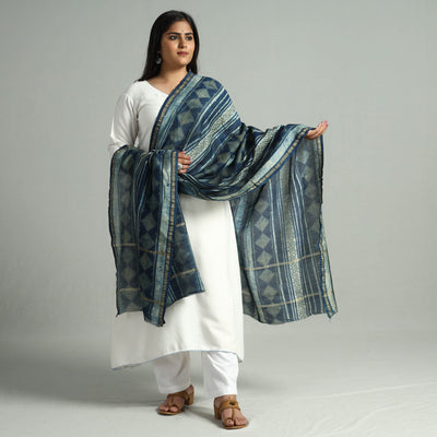 Blue - Akola Dabu Block Printed Handloom Chanderi Silk Dupatta with Zari Border 06
