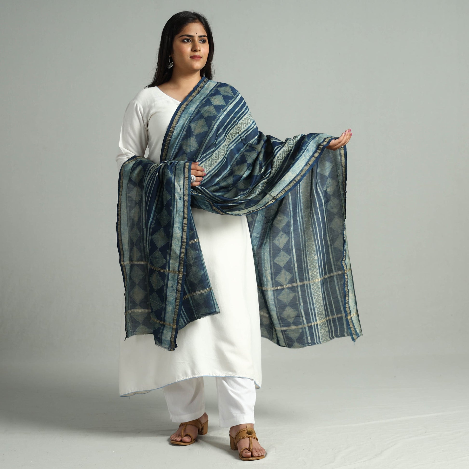 Blue - Akola Dabu Block Printed Handloom Chanderi Silk Dupatta with Zari Border 06