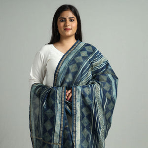 Blue - Akola Dabu Block Printed Handloom Chanderi Silk Dupatta with Zari Border 06