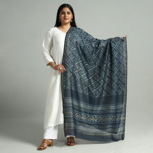 Blue - Akola Dabu Block Printed Handloom Chanderi Silk Dupatta with Zari Border 08