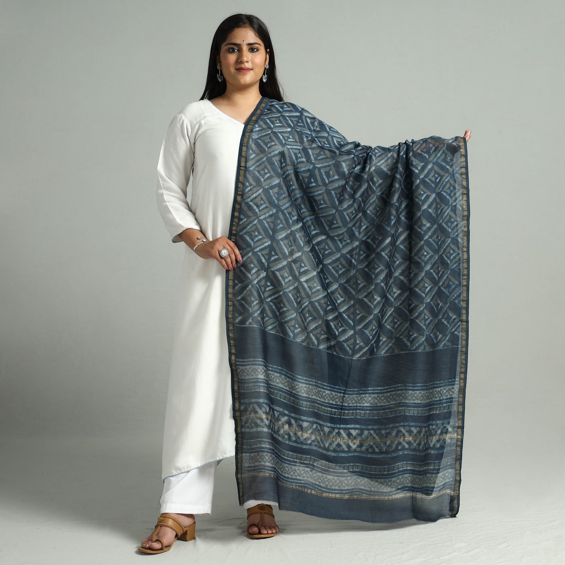 Blue - Akola Dabu Block Printed Handloom Chanderi Silk Dupatta with Zari Border 08