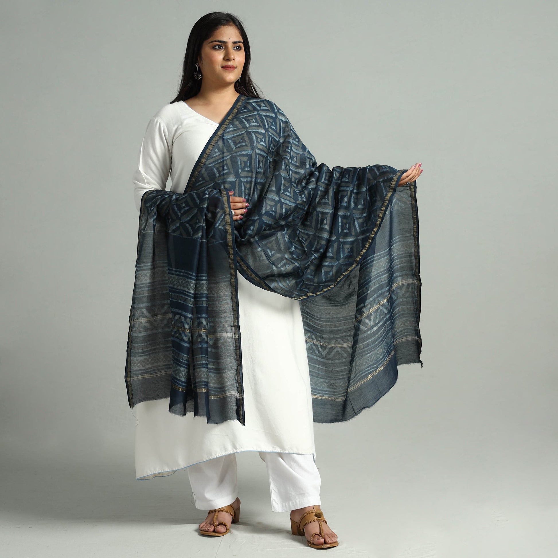 Blue - Akola Dabu Block Printed Handloom Chanderi Silk Dupatta with Zari Border 08