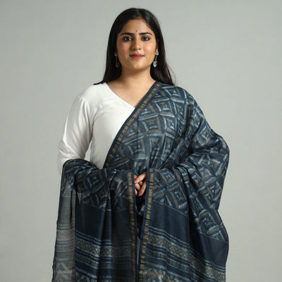 Blue - Akola Dabu Block Printed Handloom Chanderi Silk Dupatta with Zari Border 08