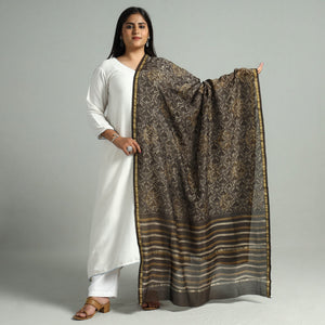 Brown - Akola Dabu Block Printed Handloom Chanderi Silk Dupatta with Zari Border 09