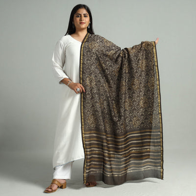 Brown - Akola Dabu Block Printed Handloom Chanderi Silk Dupatta with Zari Border 09