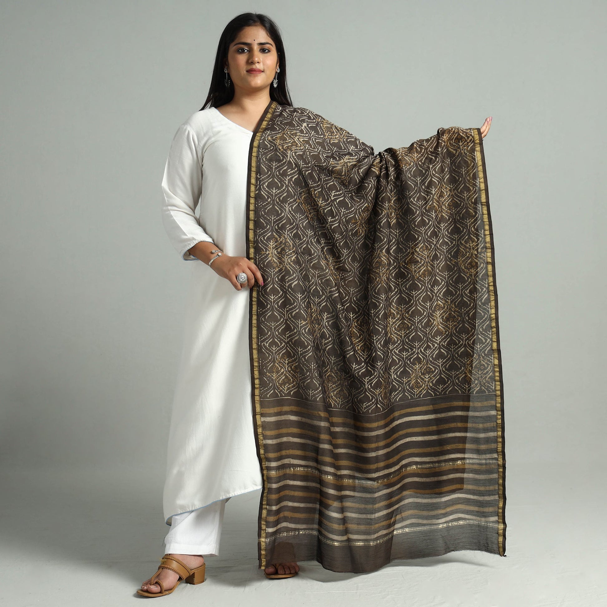 Brown - Akola Dabu Block Printed Handloom Chanderi Silk Dupatta with Zari Border 09