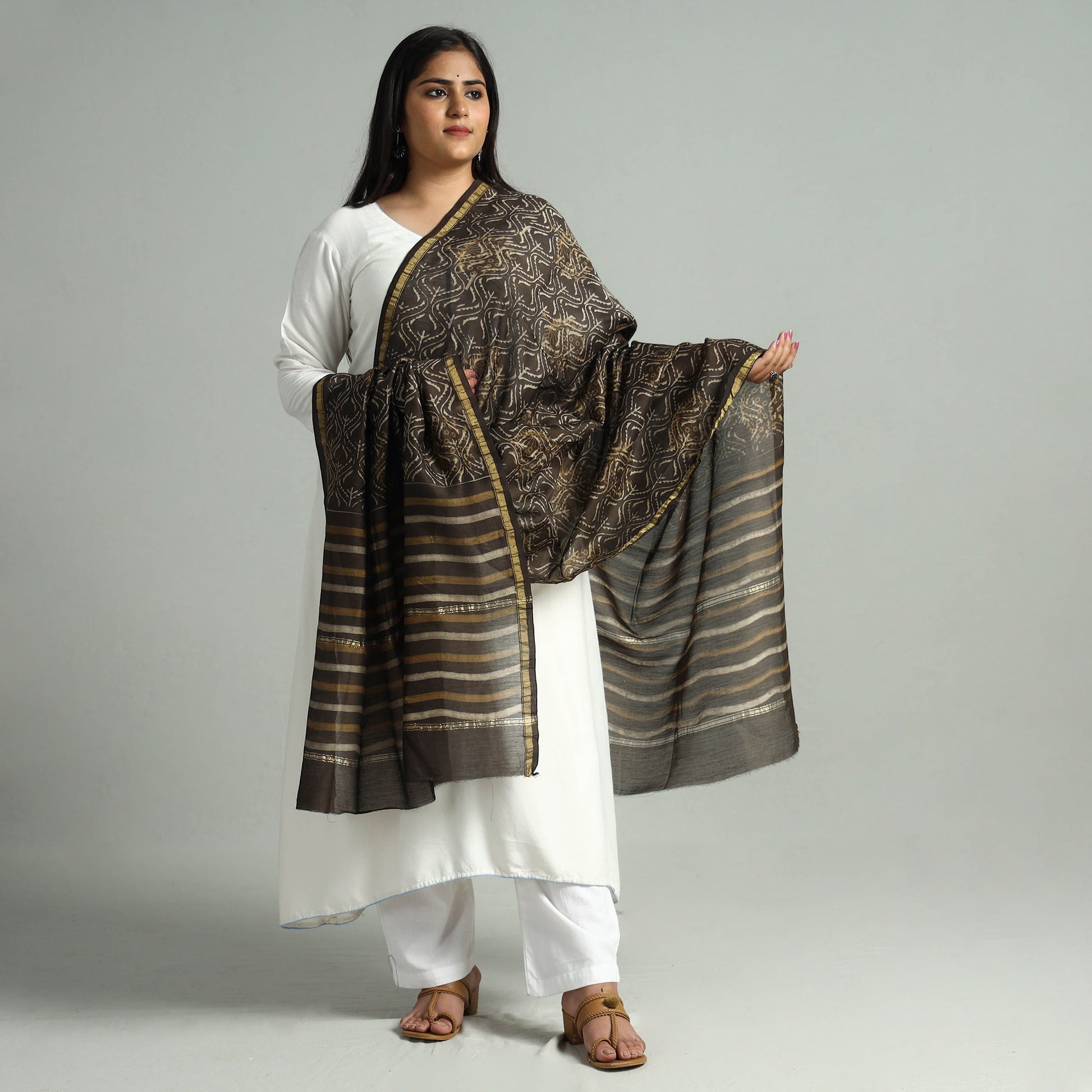 Brown - Akola Dabu Block Printed Handloom Chanderi Silk Dupatta with Zari Border 09