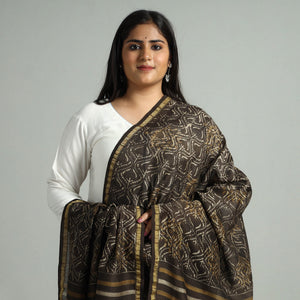 Brown - Akola Dabu Block Printed Handloom Chanderi Silk Dupatta with Zari Border 09