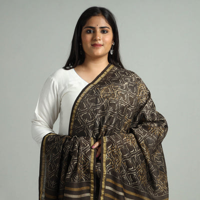 Brown - Akola Dabu Block Printed Handloom Chanderi Silk Dupatta with Zari Border 09