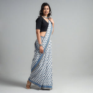 Blue - Block Printed Mul Cotton Sanganeri Saree