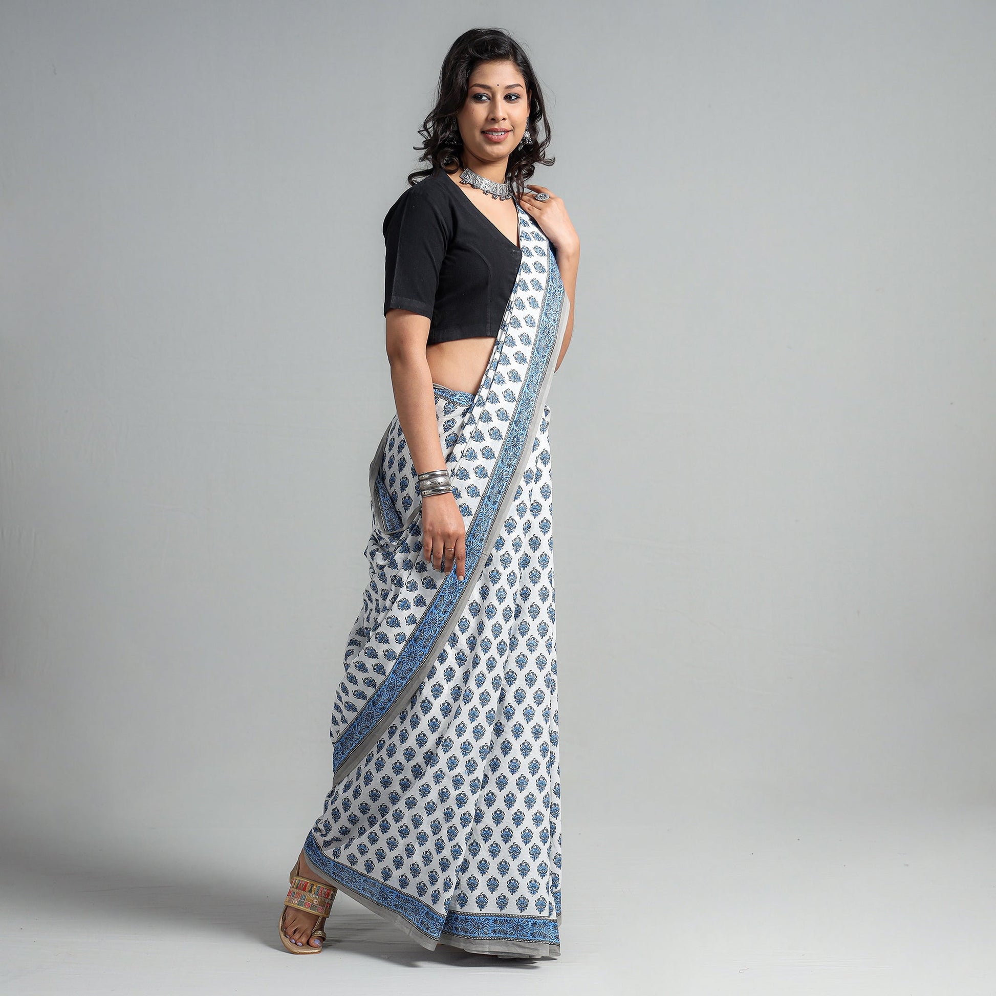 Blue - Block Printed Mul Cotton Sanganeri Saree