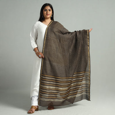 Brown - Akola Dabu Block Printed Handloom Chanderi Silk Dupatta with Zari Border 11