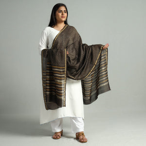 Brown - Akola Dabu Block Printed Handloom Chanderi Silk Dupatta with Zari Border 11