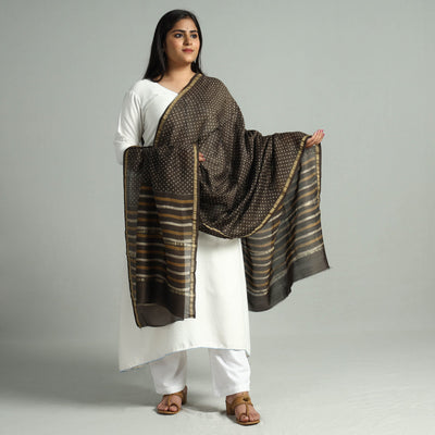 Brown - Akola Dabu Block Printed Handloom Chanderi Silk Dupatta with Zari Border 11