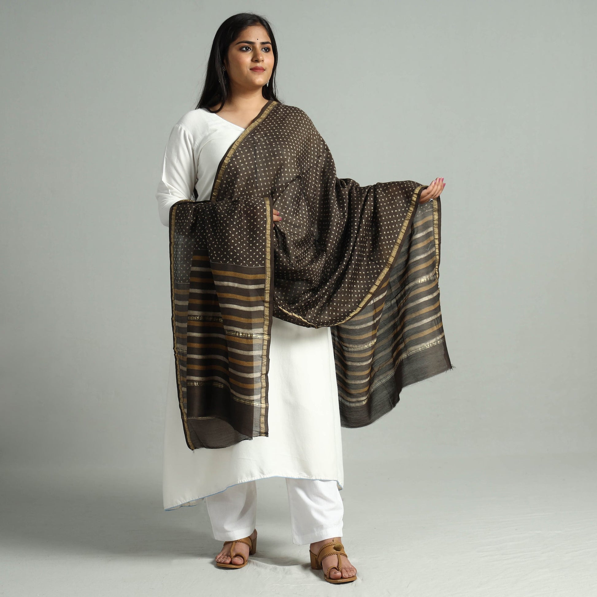 Brown - Akola Dabu Block Printed Handloom Chanderi Silk Dupatta with Zari Border 11