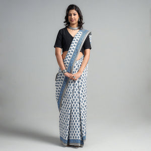 Blue - Block Printed Mul Cotton Sanganeri Saree