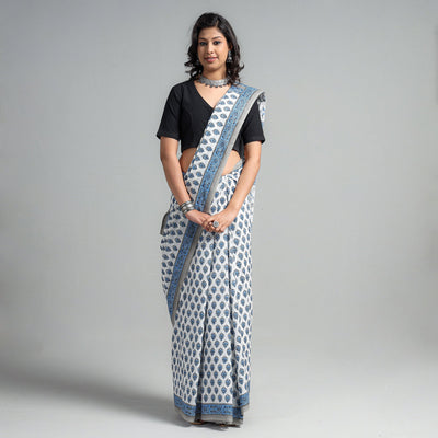 Blue - Block Printed Mul Cotton Sanganeri Saree