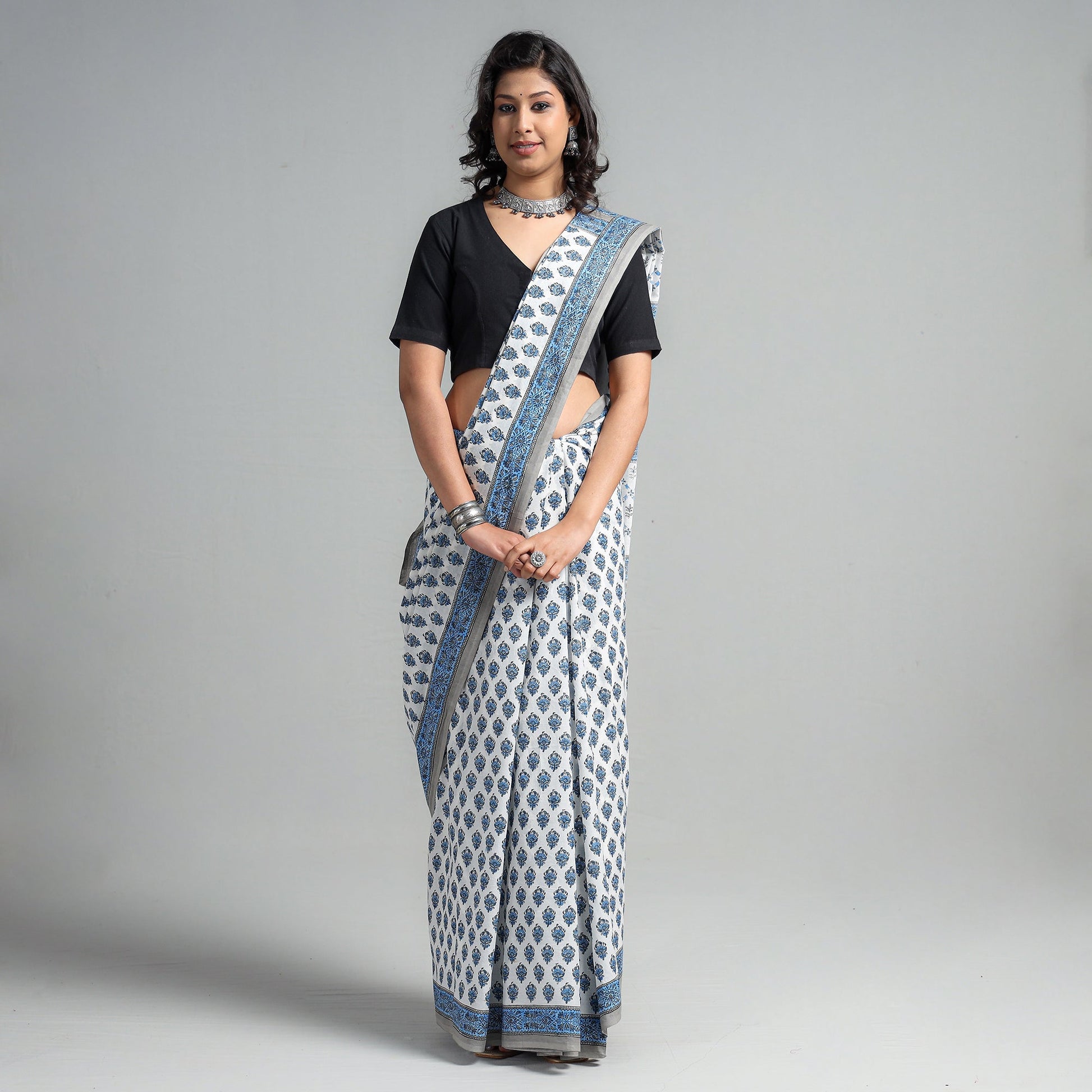 Blue - Block Printed Mul Cotton Sanganeri Saree
