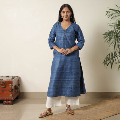 Blue - Bhagalpuri Handwoven Desi Tussar Silk Straight Kurta 01