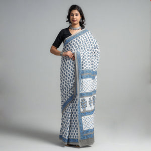 Blue - Block Printed Mul Cotton Sanganeri Saree