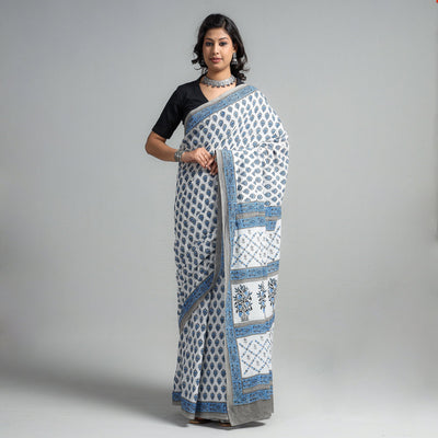 Blue - Block Printed Mul Cotton Sanganeri Saree