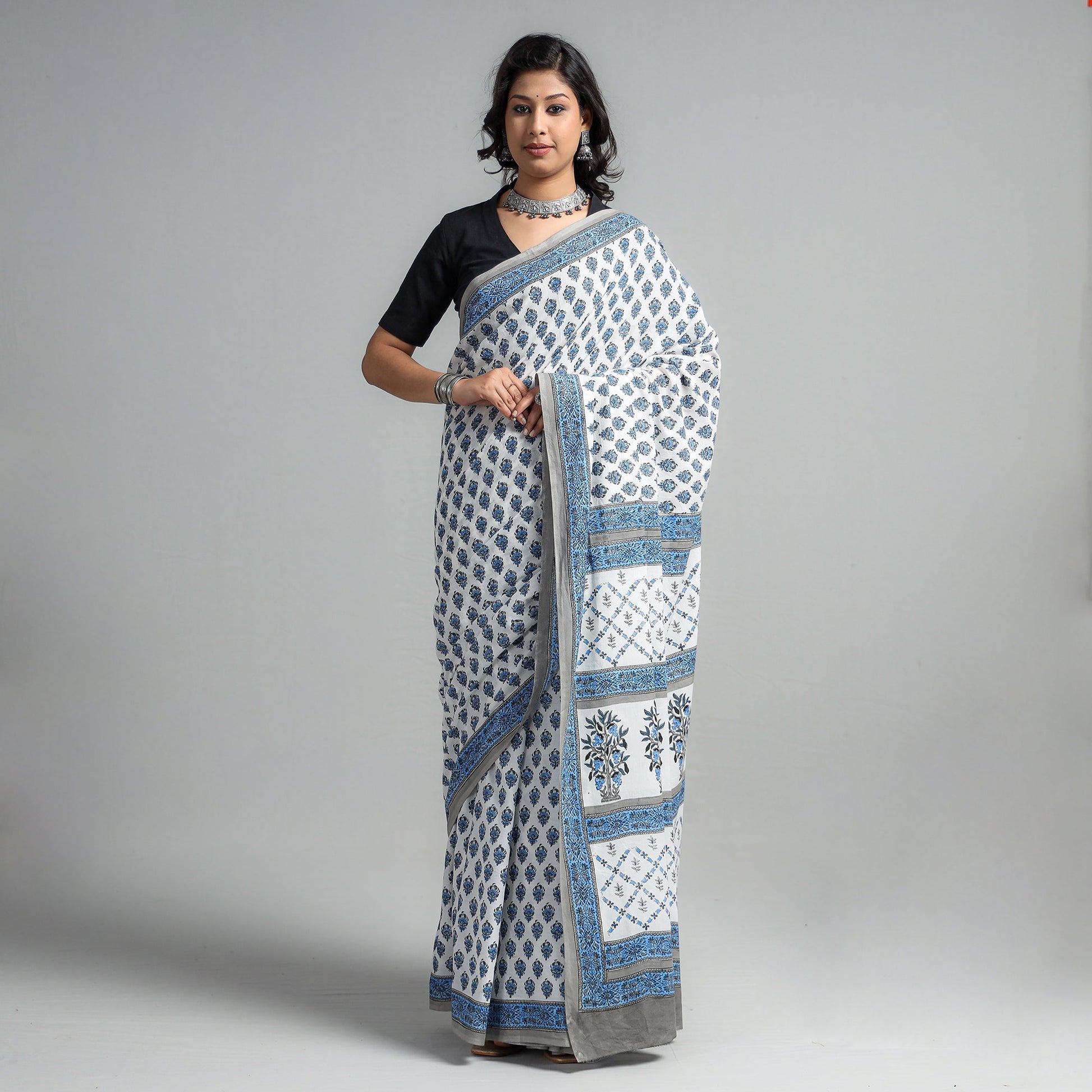 Blue - Block Printed Mul Cotton Sanganeri Saree