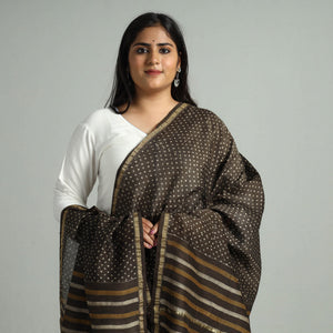 Brown - Akola Dabu Block Printed Handloom Chanderi Silk Dupatta with Zari Border 11