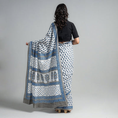 Blue - Block Printed Mul Cotton Sanganeri Saree