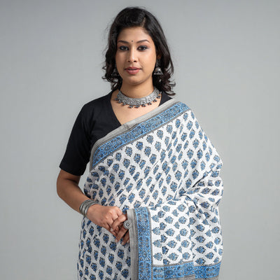 Blue - Block Printed Mul Cotton Sanganeri Saree
