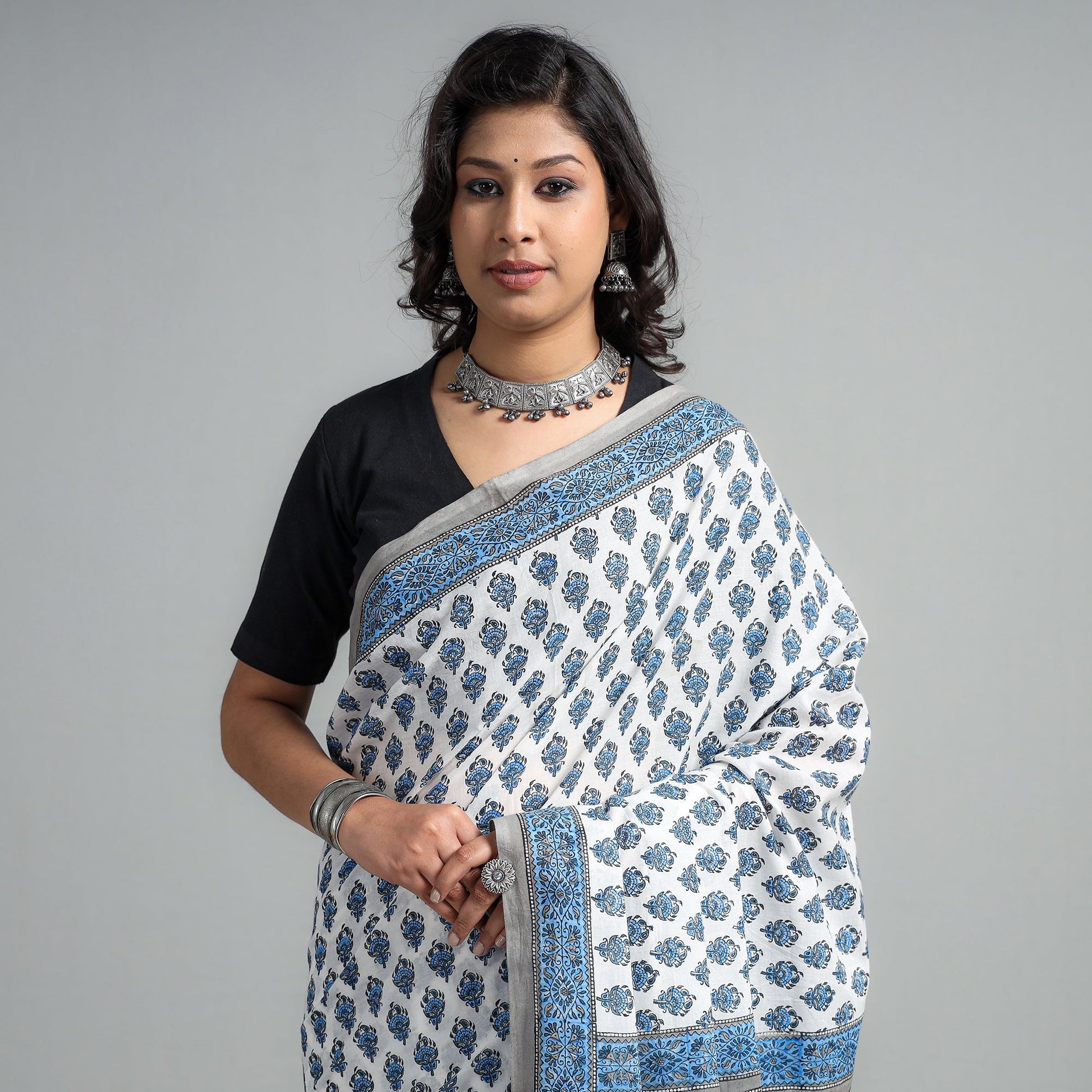Blue - Block Printed Mul Cotton Sanganeri Saree