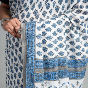 Blue - Block Printed Mul Cotton Sanganeri Saree