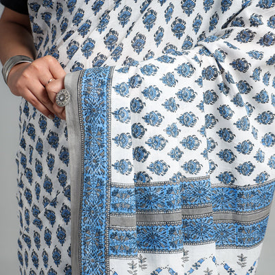 Blue - Block Printed Mul Cotton Sanganeri Saree