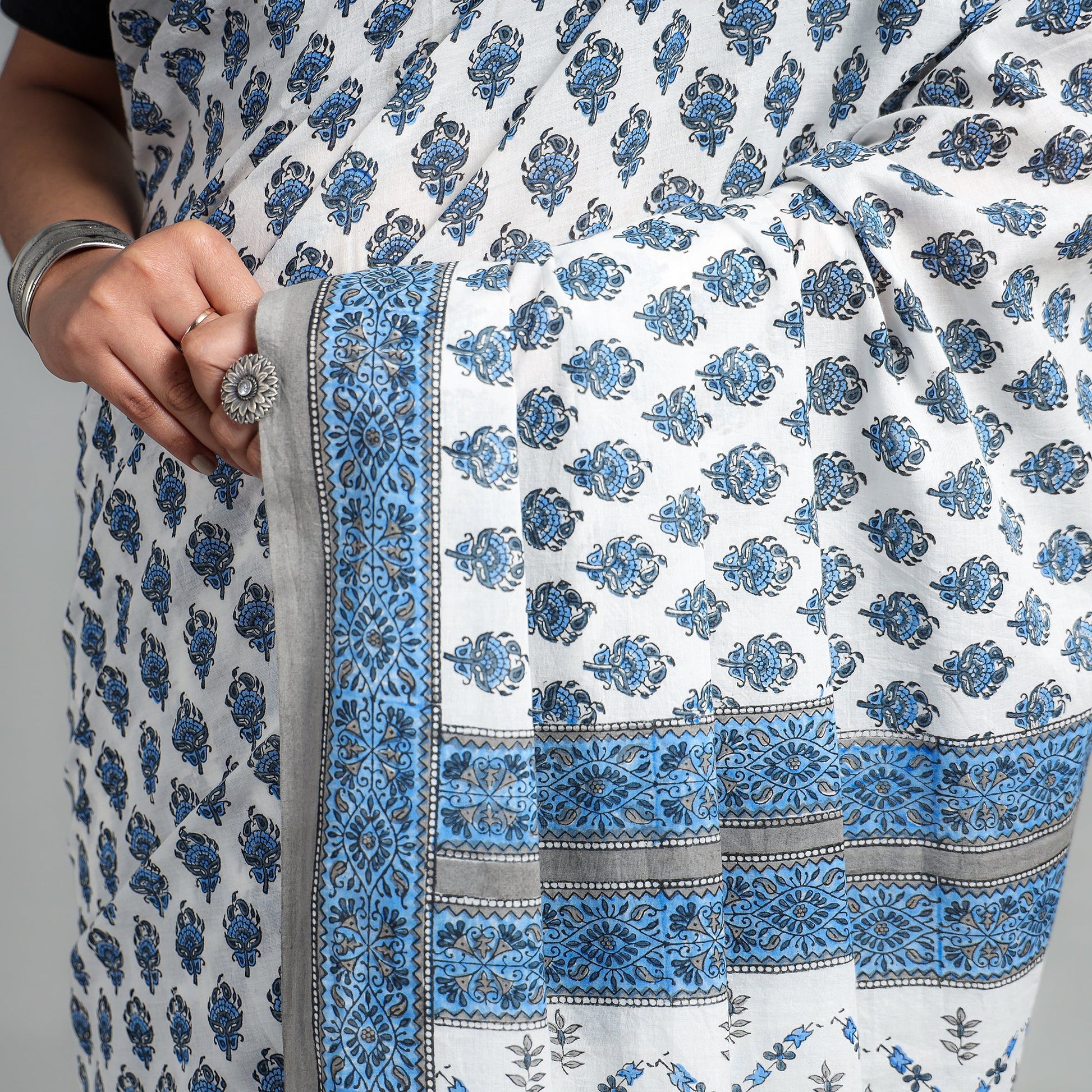 Blue - Block Printed Mul Cotton Sanganeri Saree