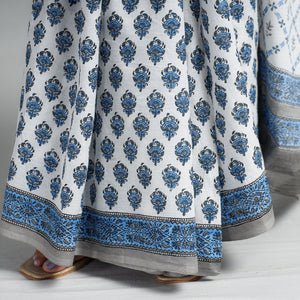 Blue - Block Printed Mul Cotton Sanganeri Saree