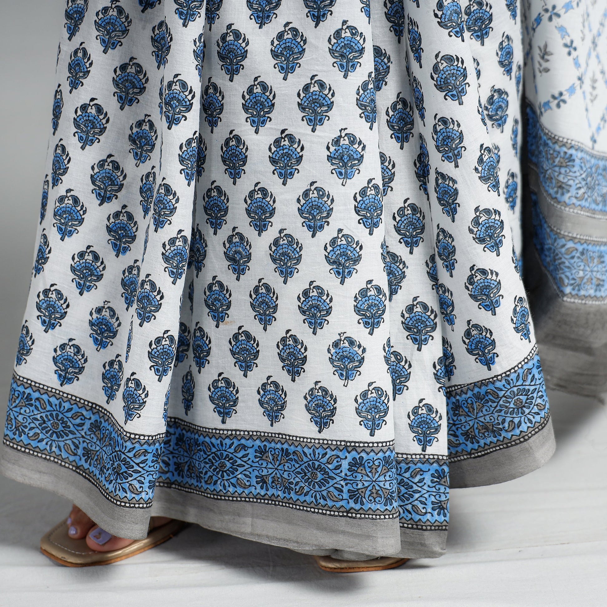 Blue - Block Printed Mul Cotton Sanganeri Saree