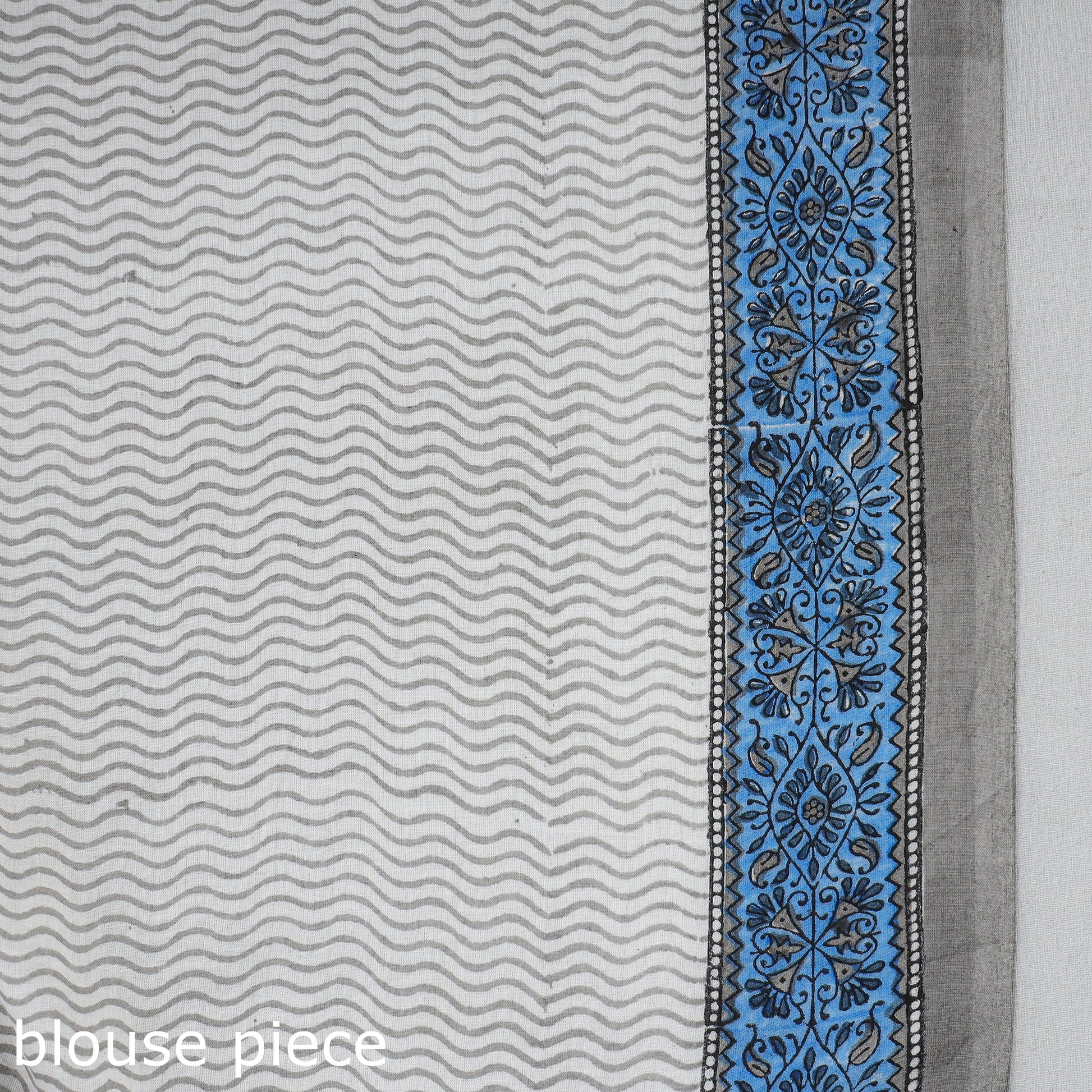 Blue - Block Printed Mul Cotton Sanganeri Saree