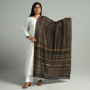 Brown - Akola Dabu Block Printed Handloom Chanderi Silk Dupatta with Zari Border 13