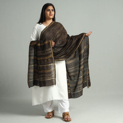 Brown - Akola Dabu Block Printed Handloom Chanderi Silk Dupatta with Zari Border 13