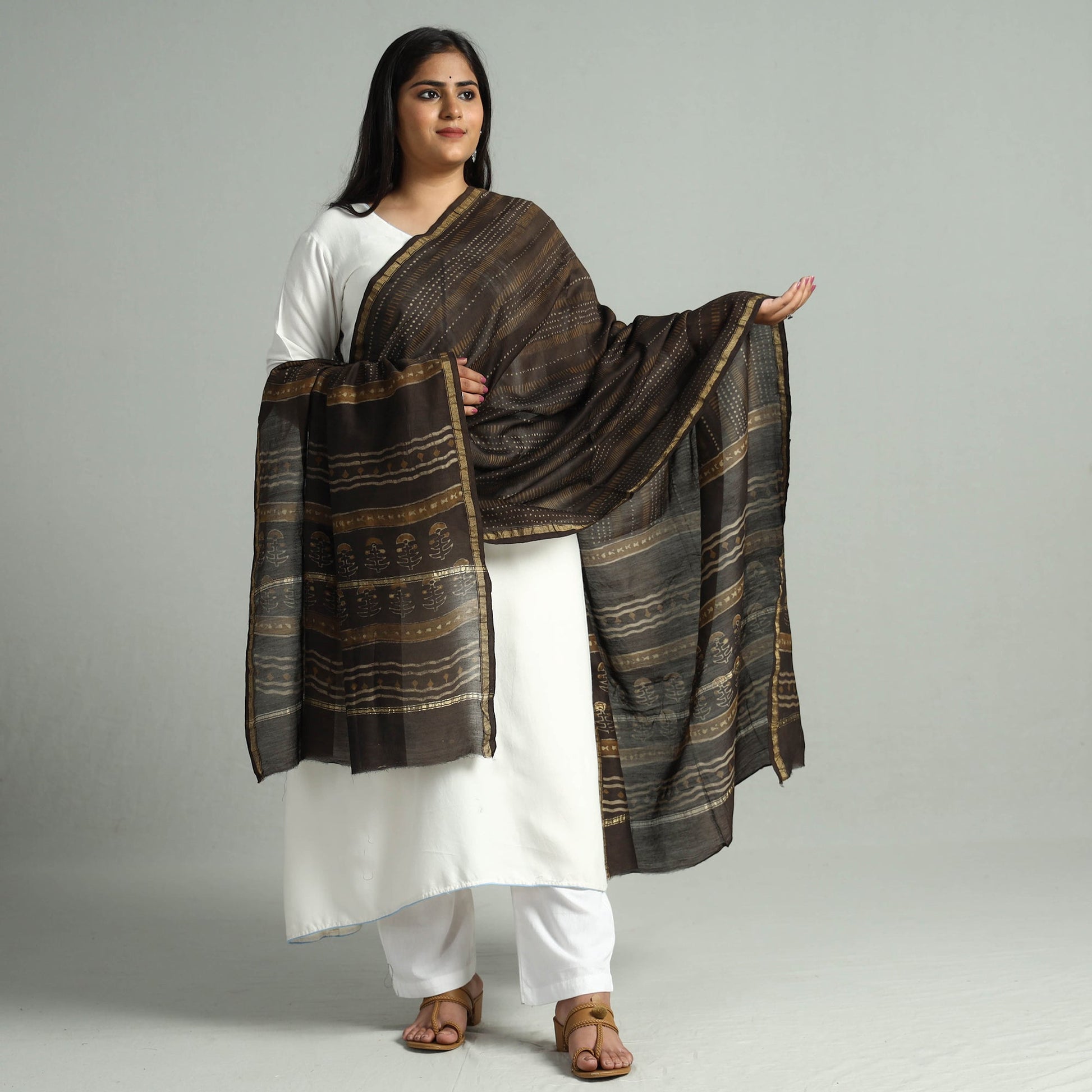Brown - Akola Dabu Block Printed Handloom Chanderi Silk Dupatta with Zari Border 13