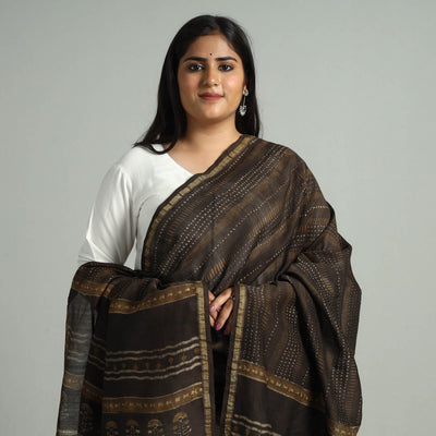 Brown - Akola Dabu Block Printed Handloom Chanderi Silk Dupatta with Zari Border 13