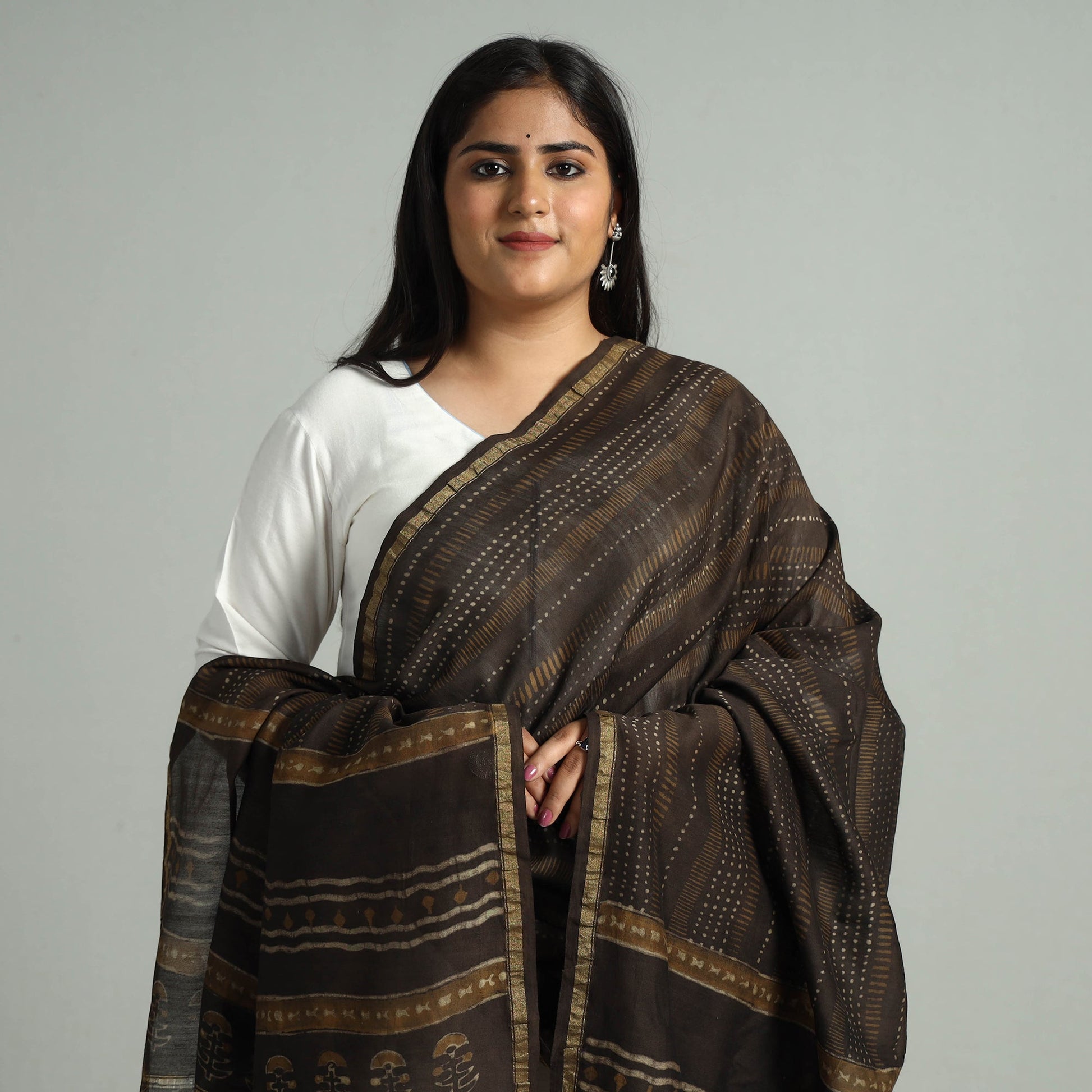 Brown - Akola Dabu Block Printed Handloom Chanderi Silk Dupatta with Zari Border 13