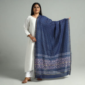 Blue - Akola Dabu Block Printed Handloom Chanderi Silk Dupatta with Zari Border 15