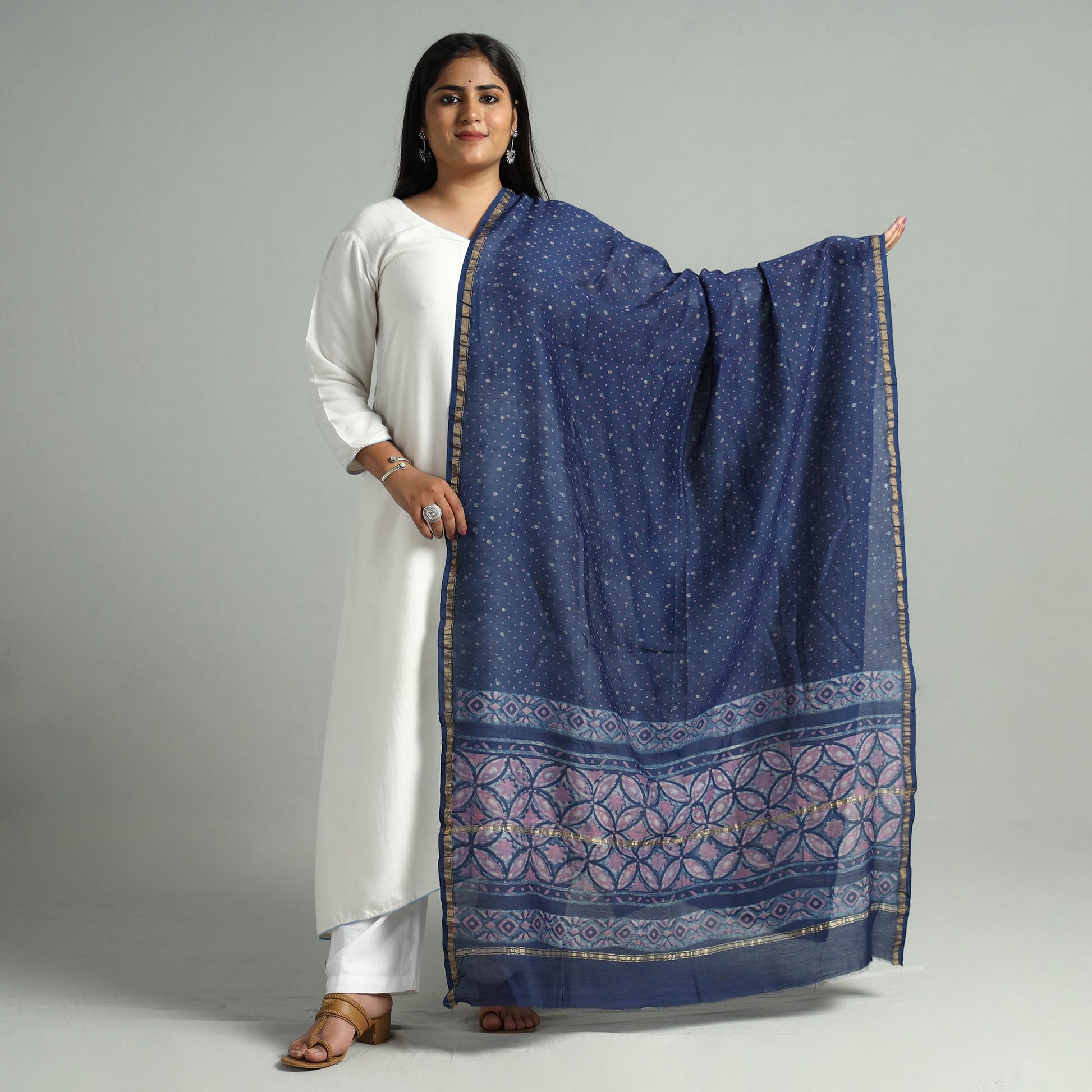 Blue - Akola Dabu Block Printed Handloom Chanderi Silk Dupatta with Zari Border 15